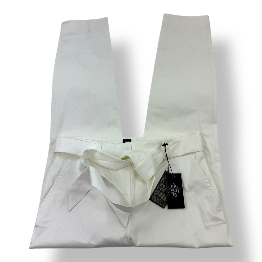 Eleventy White Cotton Elastane Belted Flat Front Slack Pants Women's US 4 EU 42